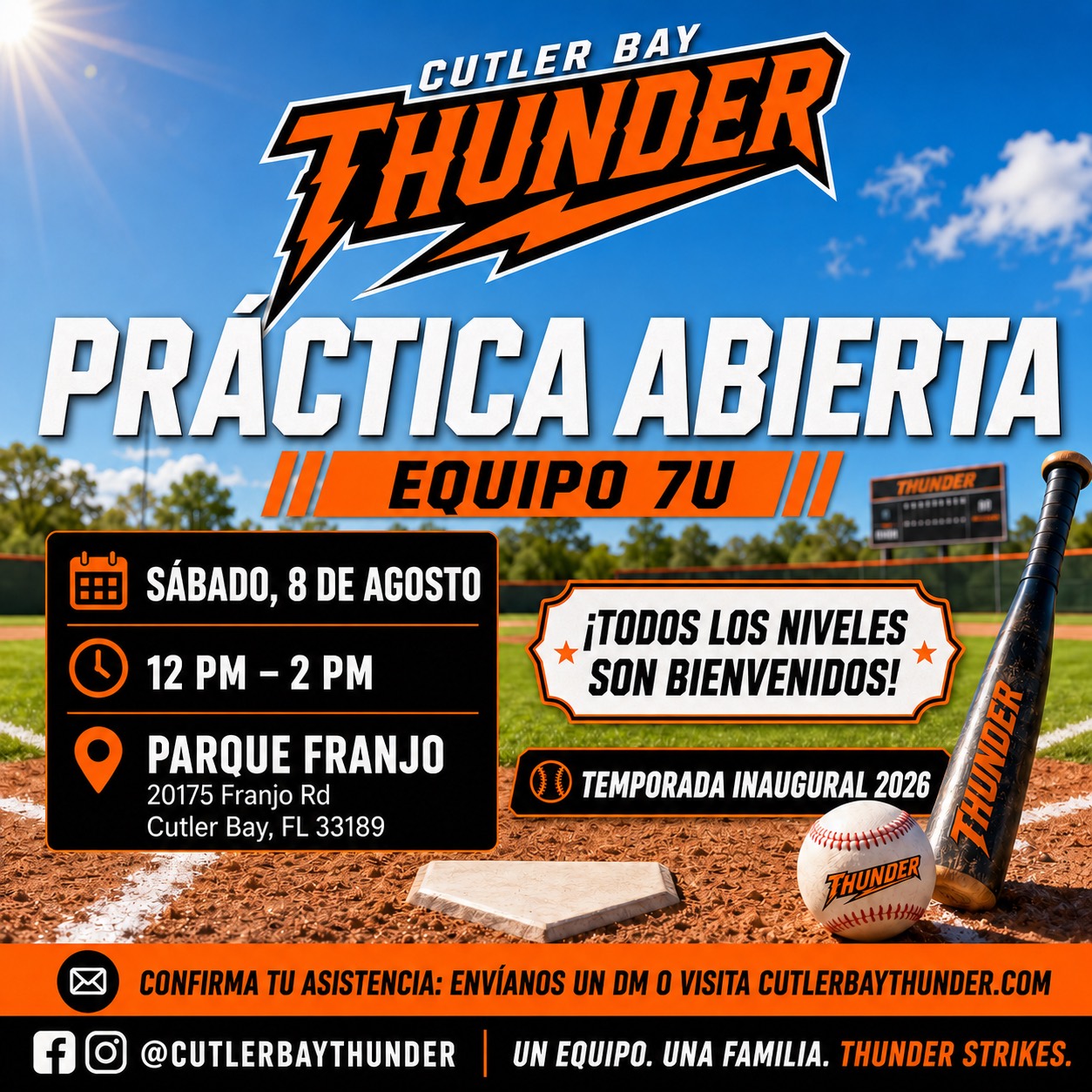 Práctica abierta de Cutler Bay Thunder 7U: sábado, 8 de agosto, de 12 a 2 PM en Parque Franjo