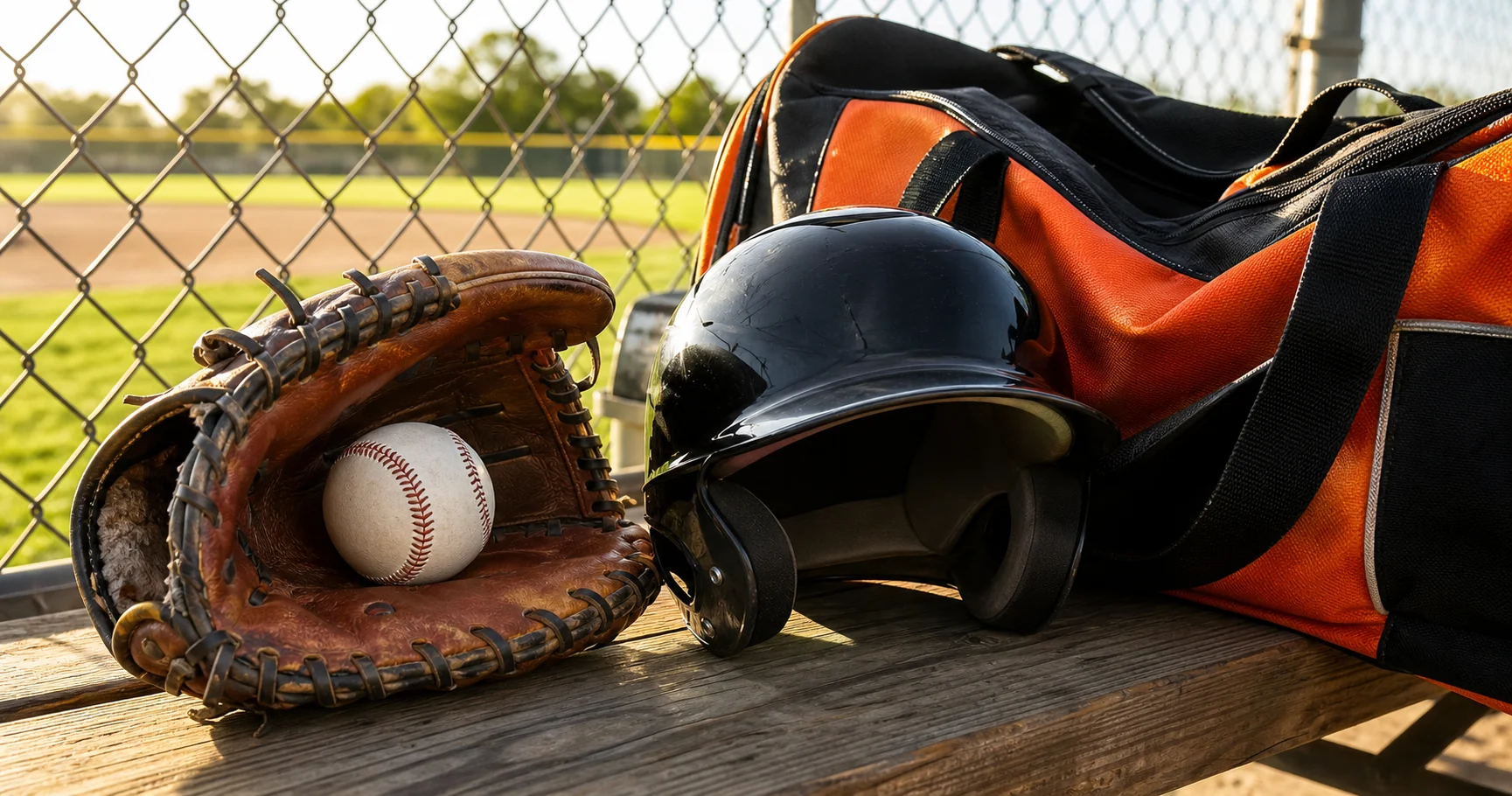 Baseball glove, ball, helmet, and orange-and-black equipment bag ready in the dugout